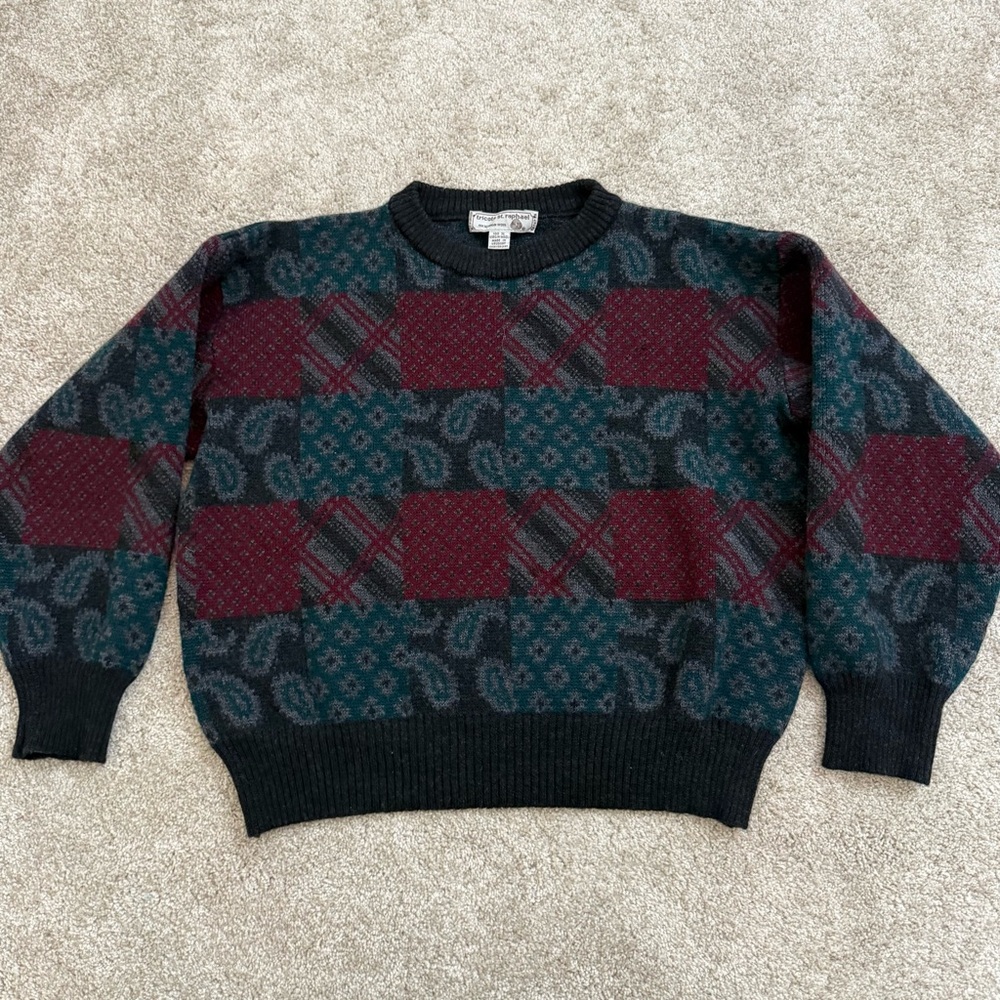 Vintage Tricots St Raphael Men's Red Blue & Green Sweater‎ 100% Virgin Wool Sz S